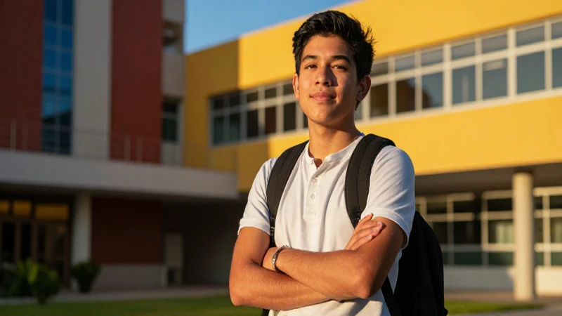 Estudiante mexicano en campus con luz dorada