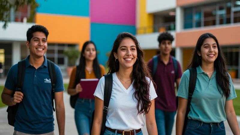 Estudiantes mexicanos universitarios en campus moderno y vibrante