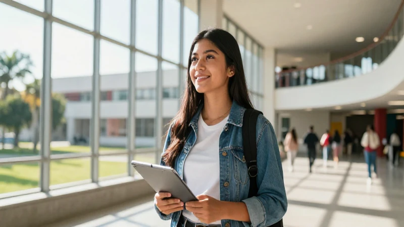 Joven mexicano vibrante en campus moderno