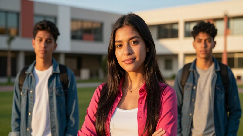 Joven mexicana, audaz, en campus moderno al atardecer