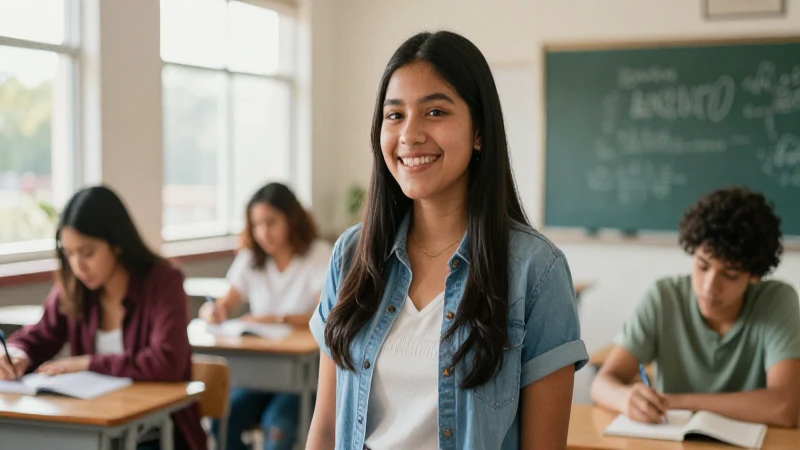 Estudiante mexicano sonriente en aula moderna y brillante