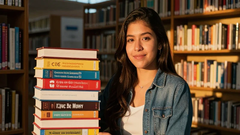 Estudiante mexicano de excelencia académica en biblioteca moderna