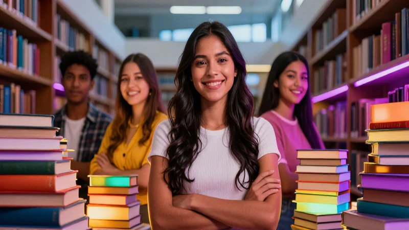Jovencita mexicana sonriente rodeada de libros