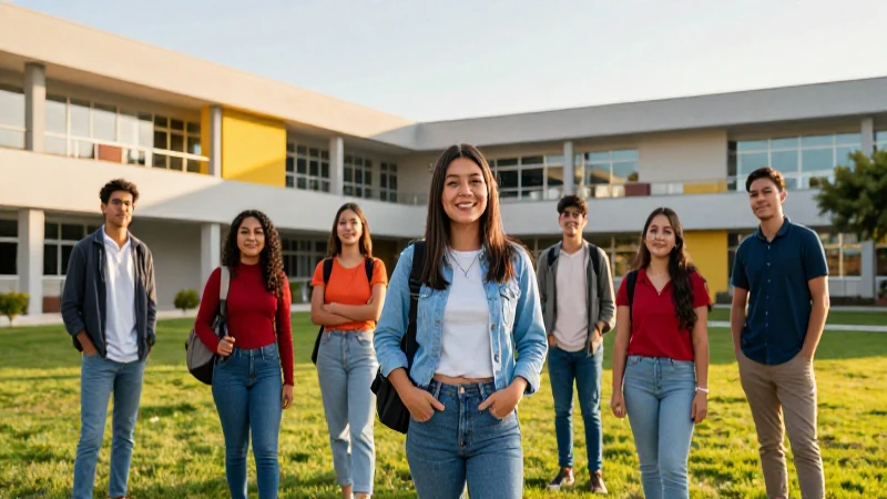 Estudiantes mexicanos en campus con luz dorada