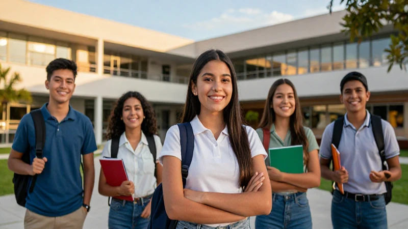 Estudiantes mexicanos sonriendo en campus vibrante