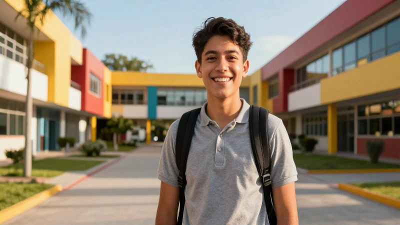 Estudiante mexicano sonríe en campus moderno y vibrante