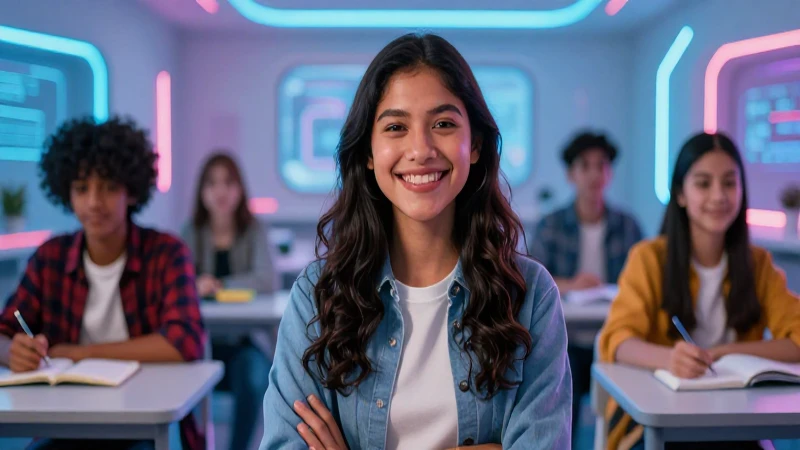 Estudiante mexicano sonriente en aula futurista