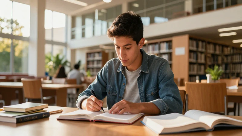 Joven estudiante mexicano en biblioteca iluminada