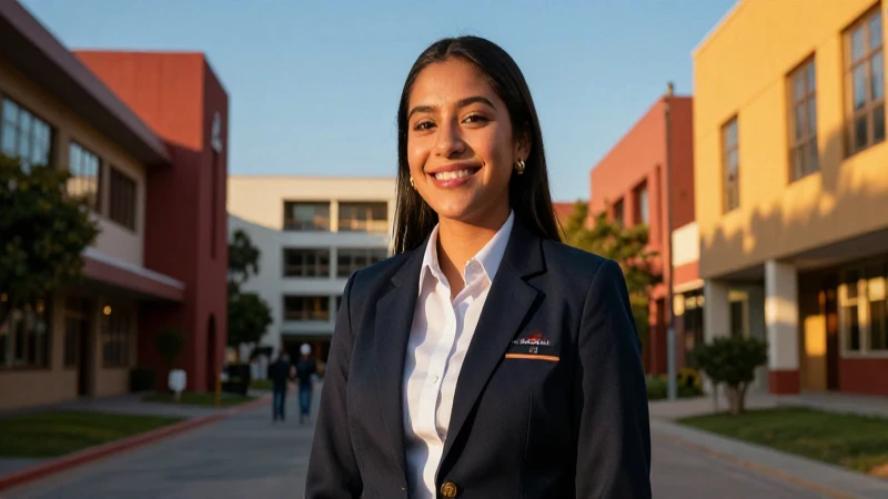Joven mexicana sonríe en un campus moderno