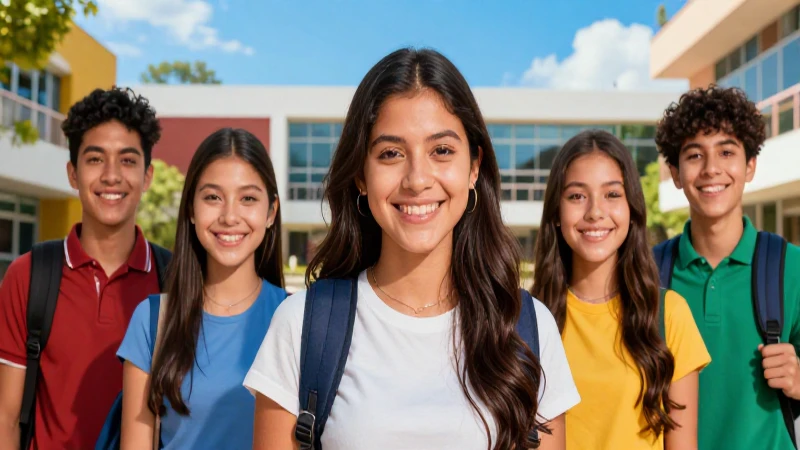 Estudiantes mexicanos sonriendo en campus moderno