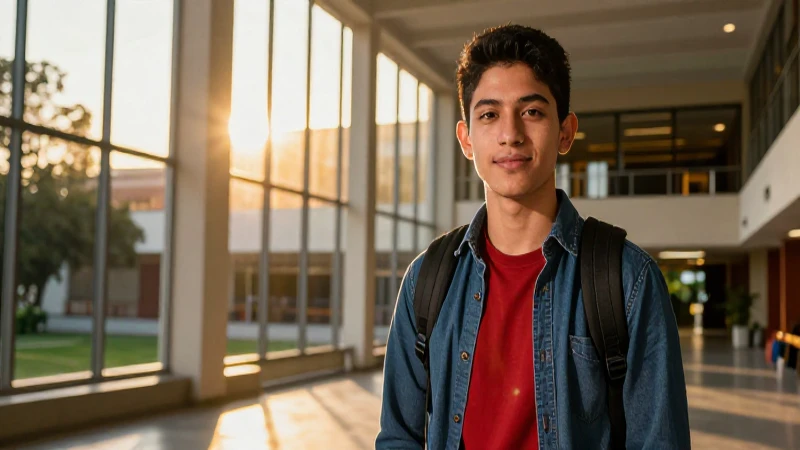 Estudiante mexicano vibrante en campus moderno