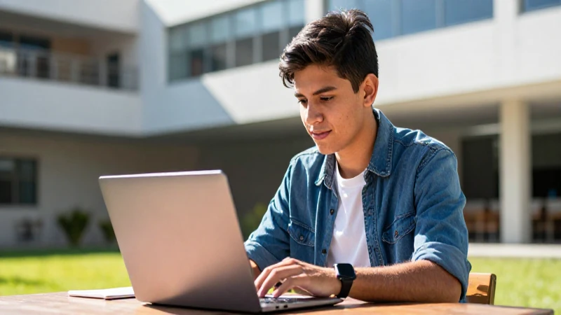 Joven mexicano estudia en campus moderno