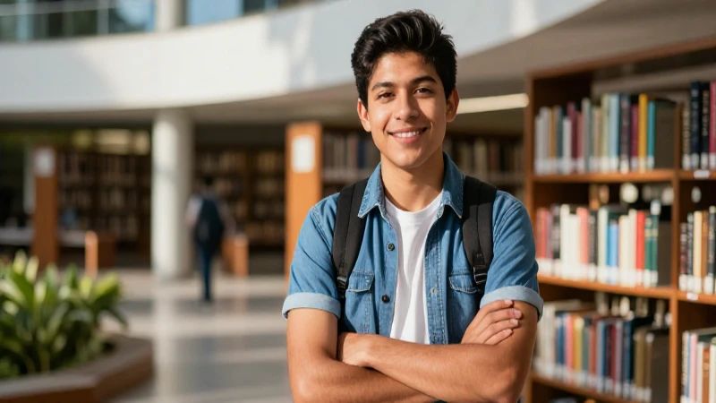 Estudiante mexicano sonriente en biblioteca moderna