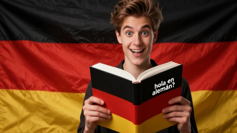 Joven atractivo sostiene libro con diseño alemán