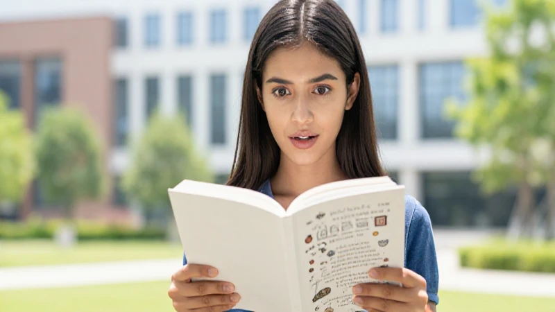 Joven atractiva leyendo en campus vibrante