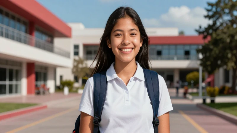 Estudiante mexicano sonríe en moderno campus