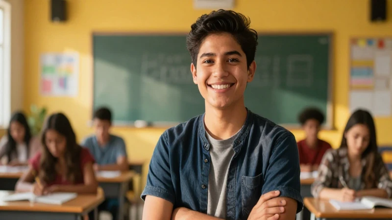 Estudiante mexicano sonriente en aula moderno y vibrante
