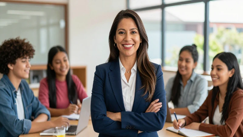 Educadora mexicana y estudiantes motivados en campus vibrante