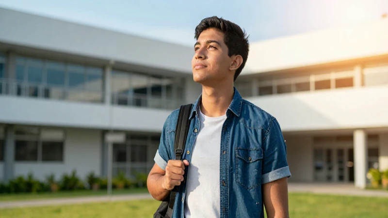 Estudiante mexicano optimista en campus vibrante