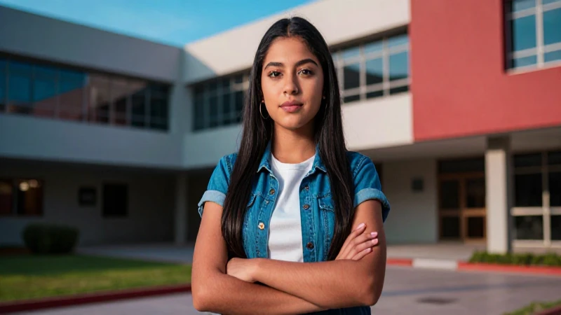 Estudiante mexicano exitoso en campus moderno