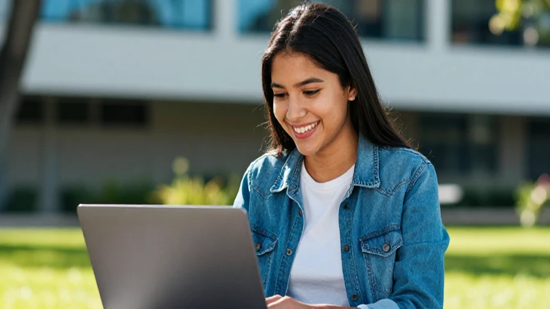 Joven mexicana estudia con laptop en campus