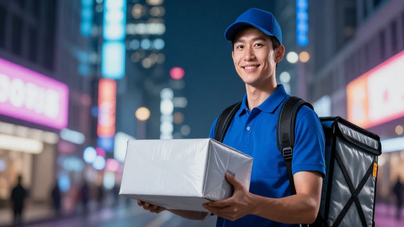 Joven repartidor exitoso en ciudad vibrante