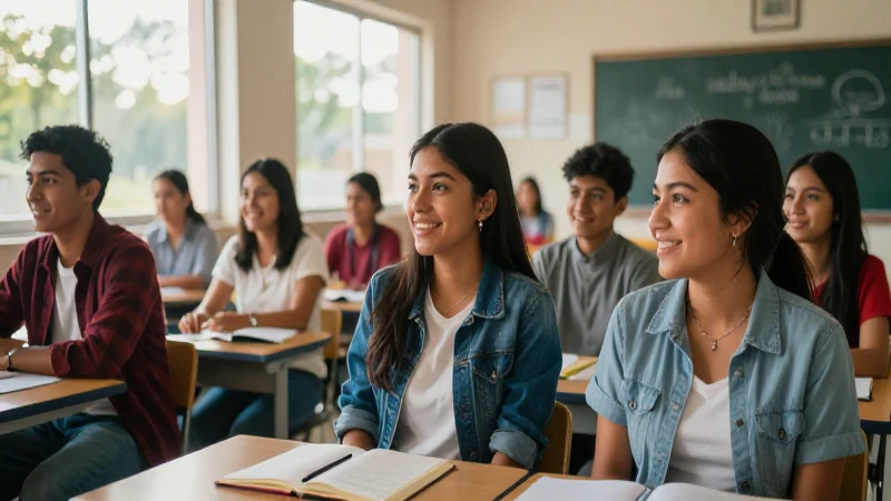 Estudiantes mexicanos sonriendo en moderna aula