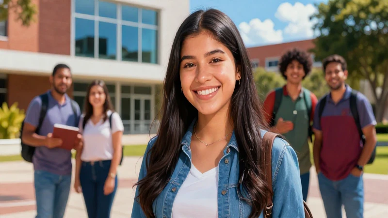 Estudiante mexicana diversa y sonriente en campus moderno