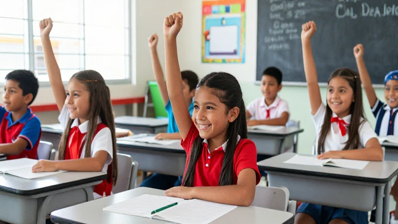 Niños mexicanos celebrando éxito en un aula vibrante