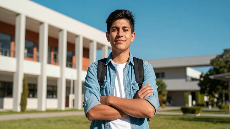 Estudiante mexicano sonriente en campus moderno