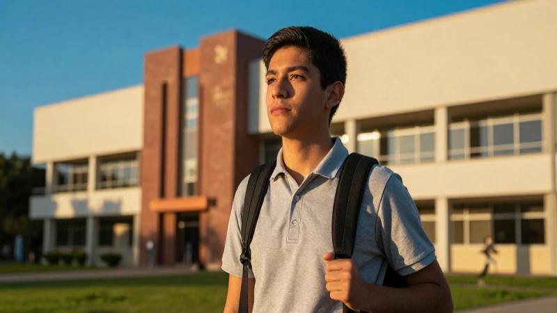 Estudiante mexicano en campus moderno con iluminación dorada