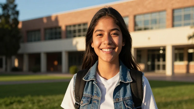 Joven mexicana sonriente en campus universitario