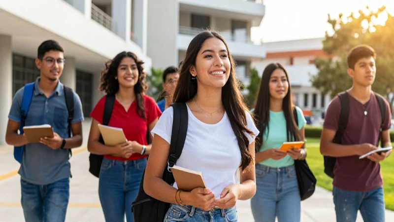 Estudiantes mexicanos entusiastas en campus vibrante