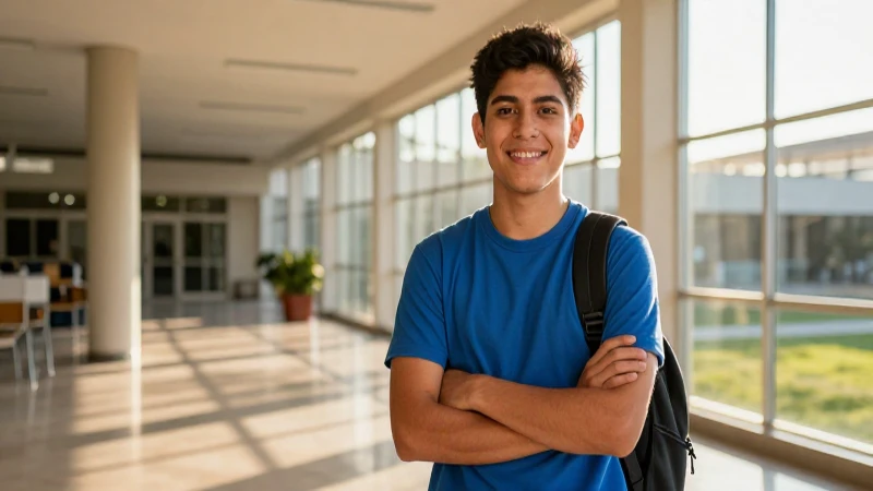 Joven mexicano bajo luz dorada universitaria