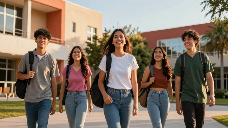 Estudiante sonriente en vibrante campus universitario