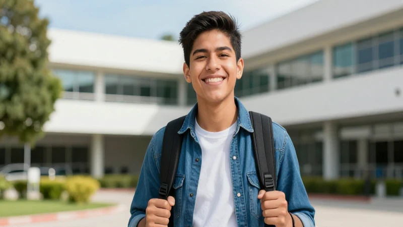 Estudiante triunfante en campus moderno y vibrante