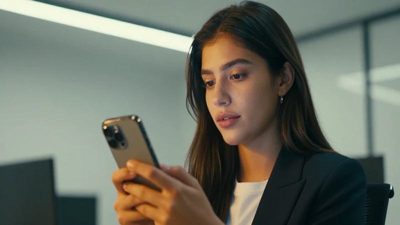 Joven mexicano con smartphone en oficina moderna