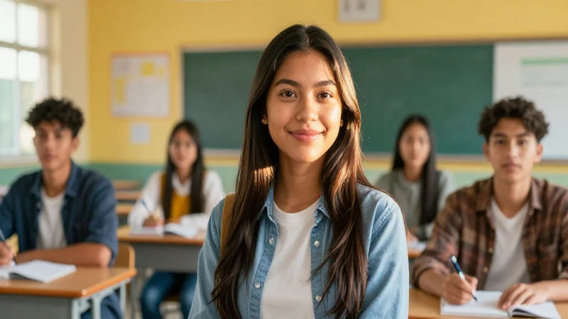 Joven mexicano sonriente en aula moderna