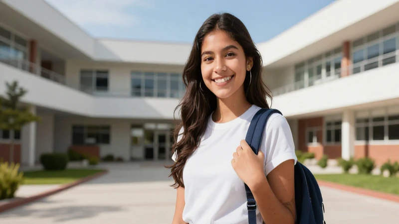 Joven mexicano sonriente en campus moderno y vibrante
