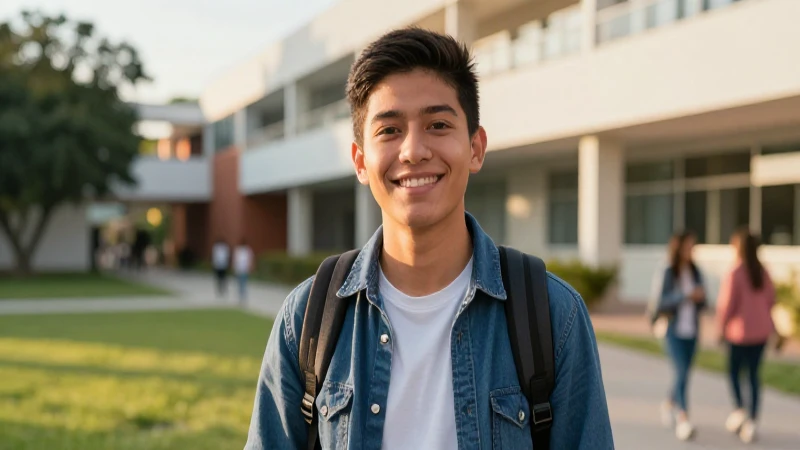 Estudiante mexicano en campus con luz dorada