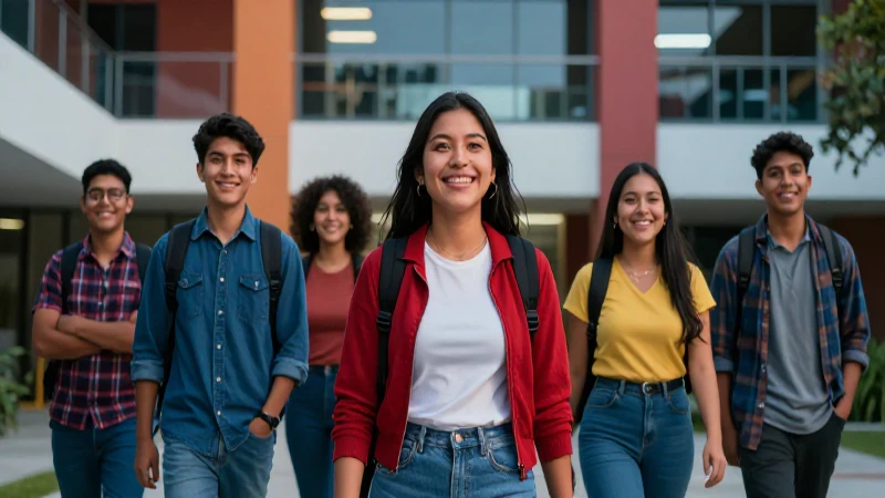 Estudiantes felices en campus moderno y vibrante