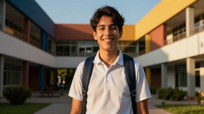 Estudiante mexicano brillante en campus vibrante con luz dramática
