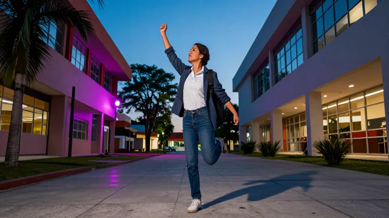 Estudiante mexicano exitoso en campus moderno