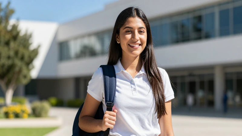 Retrato brillante de estudiante mexicana en campus moderno