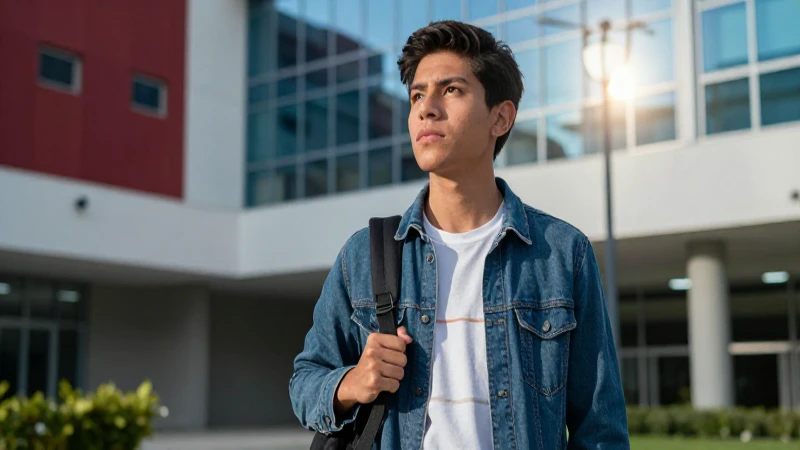 Estudiante mexicano en campus vibrante, luz cinematográfica