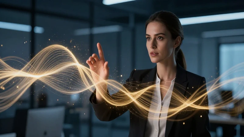 Mujer profesional interactúa con datos abstractos luminosos