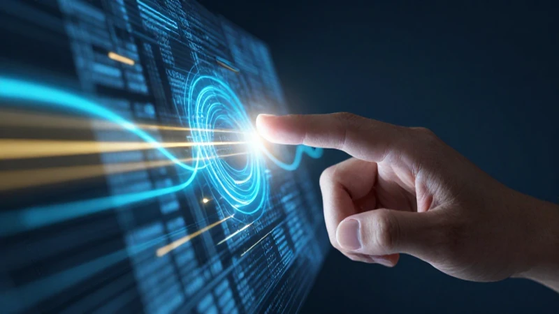 Mano tocando hologramas digitales vibrantes