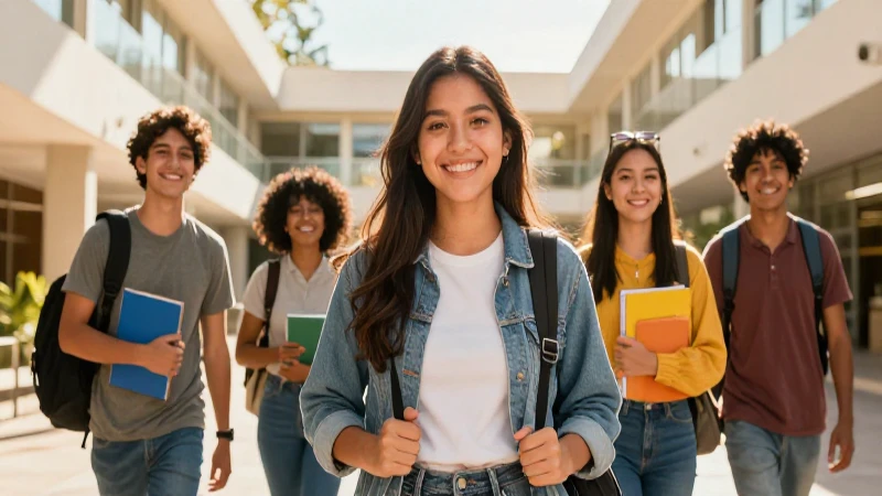 Estudiante sonriente en vibrante campus al atardecer