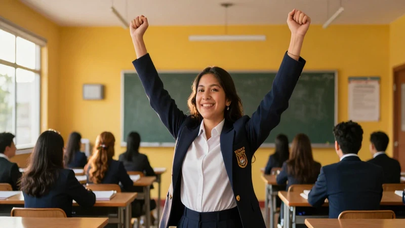 Estudiante mexicano triunfante en escena moderna