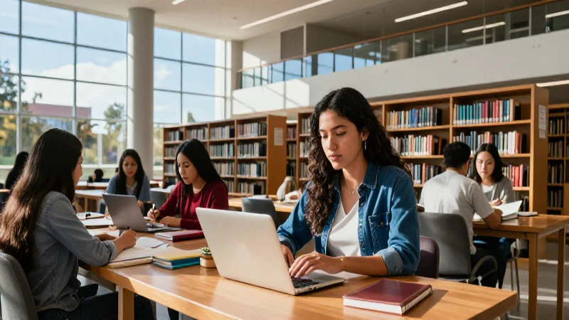 Estudiante mexicano en biblioteca moderna y tecnológica